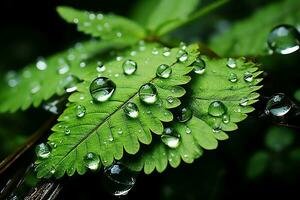 macro tiro di verde le foglie con acqua goccioline, rugiada o pioggia far cadere su loro. verde foglia natura foresta concetto di ai generato foto