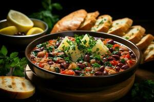 un' delizioso minestrone la minestra cibo nel un' ciotola. italiano cibo e salutare proteina la minestra pasto concetto di ai generato foto