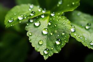 macro tiro di verde le foglie con acqua goccioline, rugiada o pioggia far cadere su loro. verde foglia natura foresta concetto di ai generato foto