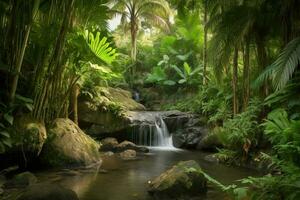 Visualizza di tropicale pioggia foresta mostrando cascata generativo ai foto