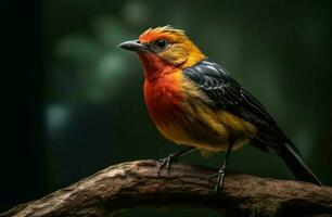 bellezza uccello canoro restare su il ramo nel tropicale foresta generato di ai foto