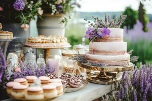 nozze torta con lavanda floreale arredamento, festa celebrazione e vacanza dolce nel un' campagna giardino, evento cibo ristorazione, nazione Villetta stile, generativo ai foto