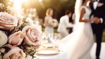 nozze cerimonia e celebrazione, sposa e sposo a un' bellissimo all'aperto sede su un' soleggiato giorno, lusso nozze arredamento con fiori e bridal mazzo, generativo ai foto