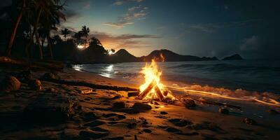 ai generato. ai generativo. tramonto sera notte falò fuoco di bivacco fuoco legna a mare oceano costa spiaggia sabbia. avventura vacanza viaggio campeggio vibrazione. grafico arte foto