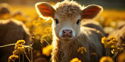 ai generato. ai generativo. bellissimo giovane tittle vitello su girasole campo a tramonto. natura paesaggio azienda agricola mucca animale vibrazione. grafico arte foto