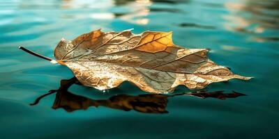 ai generato. ai generativo. natura all'aperto selvaggio foglia galleggiante su blu acqua mare superficie. avventura pianta autunno vibrazione. grafico arte foto
