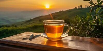 ai generato. ai generativo. tazza di verde tè con campo verde piantagione montagna sfondo scena. grafico arte foto