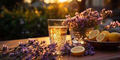 ai generato. ai generativo. lavanda cocktail con pianta fiore. ricaricare bevanda bevanda nel bicchiere su tramonto sera su legna tavolo. festa famiglia vibrazione. grafico arte foto