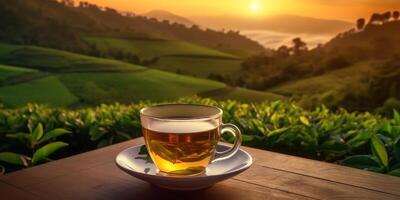 ai generato. ai generativo. tazza di verde tè con campo verde piantagione montagna sfondo scena. grafico arte foto