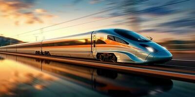 ai generato. ai generativo. alto velocità treno mossa movimento su ferrovia locomotiva passeggeri. avventura attività commerciale vibrazione. grafico arte foto