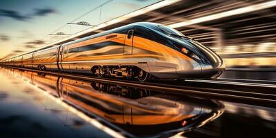 ai generato. ai generativo. alto velocità treno mossa movimento su ferrovia locomotiva passeggeri. avventura attività commerciale vibrazione. grafico arte foto