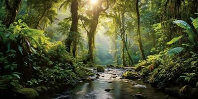 ai generato. ai generativo. natura all'aperto selvaggio paesaggio foresta giungla fiume scena. avventura viaggio Esplorare vibrazione. grafico arte foto