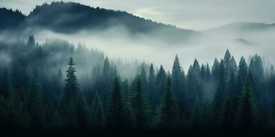ai generato. ai generativo. avventura all'aperto natura nebbia nebbia nuvole foresta alberi paesaggio sfondo selvaggio Esplorare. grafico arte foto