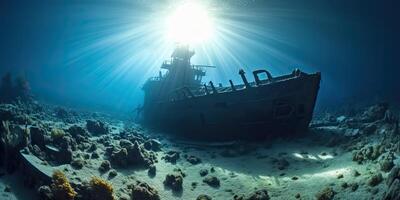 ai generato. ai generativo. sotto acqua mare oceano autorespiratore difing avventure. subacqueo Esplorare viaggio vecchio storia nave. nautico marino in profondità bluew vibe.graphic arte foto