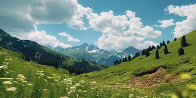 ai generato. ai generativo. avventura all'aperto selvaggio vacanza viaggio paesaggio bellissimo sfondo. montagne valle. grafico arte foto