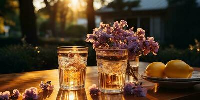 ai generato. ai generativo. lavanda cocktail con pianta fiore. ricaricare bevanda bevanda nel bicchiere su tramonto sera su legna tavolo. festa famiglia vibrazione. grafico arte foto