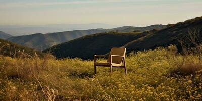 ai generato. ai generativo. accogliente di legno braccio sedia accogliente su il natura all'aperto selvaggio campo. vacanza rilassare vibrazione. grafico arte foto