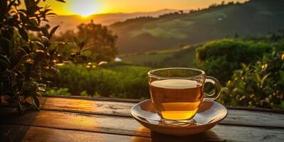 ai generato. ai generativo. tazza di verde tè con campo verde piantagione montagna sfondo scena. grafico arte foto