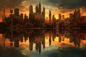 Questo Immagine vetrine il orizzonte di un' città meravigliosamente riflessa su un' grande corpo di acqua, maggior parte probabile un' lago, su un' tramonto. il della città alto edifici e grattacieli creare un' mozzafiato scena foto