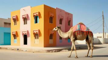 un' Marrone e bianca cammello in piedi nel il primo piano di un' edificio con vibrante, pastello colorato muri. il in modo univoco colorato Casa crea foto