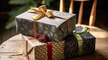 Natale i regali e regali, nazione Villetta rustico stile regalo scatole per vacanza, boxe giorno e vacanze acquisti, generativo ai foto