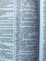 Yogyakarta, Indonesia, 26 jan 2023 - un' verticale foto di un Aperto dizionario o libro con un abbondanza di indonesiano parole su un' bianca tavolo.