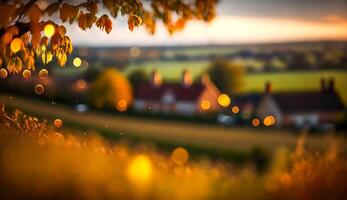 astratto autunno scena e inglese nazione stile Casa villaggio su sfondo, bellissimo campagna natura con autunnale le foglie e bokeh, generativo ai foto