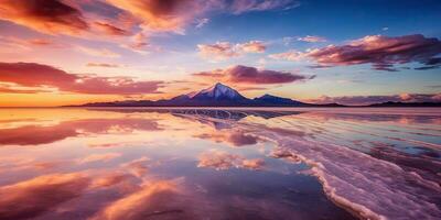 ai generato. ai generativo. Bolivia sale lago. rosa nuvole riflettere su acqua lago superficie. avventura viaggio vacanza all'aperto natura vibrazione. grafico arte foto