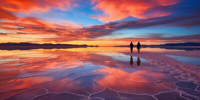 ai generato. ai generativo. Bolivia sale lago. rosa nuvole riflettere su acqua lago superficie. avventura viaggio vacanza all'aperto natura vibrazione. grafico arte foto