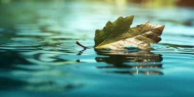 ai generato. ai generativo. natura all'aperto selvaggio foglia galleggiante su blu acqua mare superficie. avventura pianta autunno vibrazione. grafico arte foto