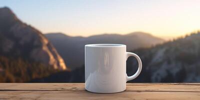 ai generato. ai generativo. tazza boccale tè caffè tavolo foresta montagna selvaggio natura sfondo. campeggio avventura vacanza il trekking vibrazione. grafico arte foto