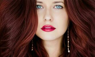 acconciatura modello e bellezza viso avvicinamento. bellissimo donna con lungo dritto buio rosso capelli styled nel Riccio onde, classico fascino stile e lusso moda ritratto foto