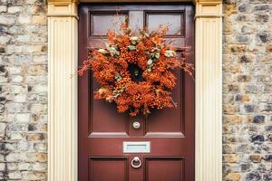 autunno ghirlanda decorazione su un' classico porta Entrata, accogliente autunno vacanza stagione con autunnale decorazioni, generativo ai foto