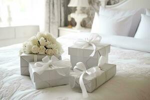 nozze i regali e fiori nel un elegante bianca Camera da letto, generativo ai foto
