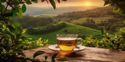 ai generato. ai generativo. tazza di verde tè con campo verde piantagione montagna sfondo scena. grafico arte foto