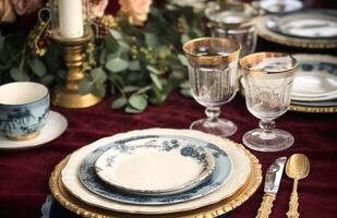 formale vacanza tablescape con blu arredamento, cena tavolo ambientazione, tavolo fuga con elegante vasellame e stoviglie per nozze festa e evento, generativo ai foto