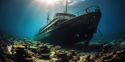 ai generato. ai generativo. sotto acqua mare oceano autorespiratore difing avventure. subacqueo Esplorare viaggio vecchio storia nave. nautico marino in profondità bluew vibe.graphic arte foto