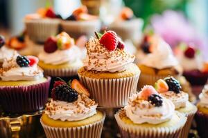 cupcakes, torte, panetti e muffin e vacanza decorazione all'aperto a il inglese nazione stile giardino, dolce dolci per nozze, compleanno o festa celebrazione, generativo ai foto