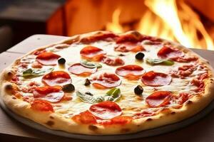 Pizza capricciosa fatti in casa con fuoco nel il forno, in linea consegna a partire dal pizzeria, prendere lontano e italiano veloce cibo, generativo ai foto