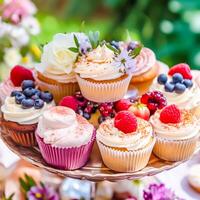 cupcakes, torte, panetti e muffin e vacanza decorazione all'aperto a il inglese nazione stile giardino, dolce dolci per nozze, compleanno o festa celebrazione, generativo ai foto