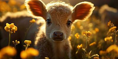 ai generato. ai generativo. bellissimo giovane tittle vitello su girasole campo a tramonto. natura paesaggio azienda agricola mucca animale vibrazione. grafico arte foto