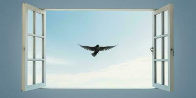 ai generato. ai generativo. selvaggio Aperto finestra con volante uccello. gratuito la libertà natura partire lontano vita vibrazione. grafico arte foto
