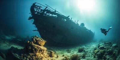 ai generato. ai generativo. sotto acqua mare oceano autorespiratore difing avventure. subacqueo Esplorare viaggio vecchio storia nave. nautico marino in profondità bluew vibe.graphic arte foto