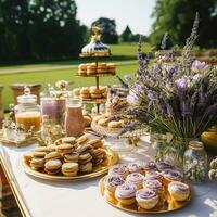 dolce buffet tavolo, cibo ristorazione per nozze, festa vacanza celebrazione, lavanda arredamento, torte e dolci nel un' nazione giardino, generativo ai foto