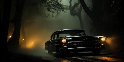 ai generato. ai generativo. Vintage ▾ retrò classico auto su strada nebbia nebbia foresta albero natura all'aperto buio Gotico pauroso Halloween vibrazione. grafico arte foto