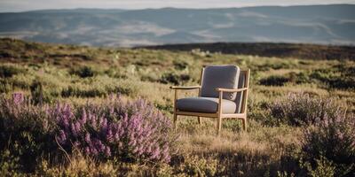 ai generato. ai generativo. accogliente di legno braccio sedia accogliente su il natura all'aperto selvaggio campo. vacanza rilassare vibrazione. grafico arte foto