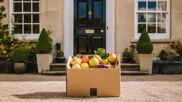 cibo consegna, postale servizio e in linea drogheria acquisti, frutta scatola con fresco biologico frutta a partire dal un' Locale azienda agricola su un' Casa gradino della porta nel il campagna, generativo ai foto