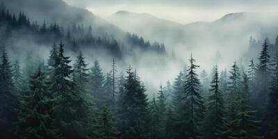 ai generato. ai generativo. avventura all'aperto natura nebbia nebbia nuvole foresta alberi paesaggio sfondo selvaggio Esplorare. grafico arte foto