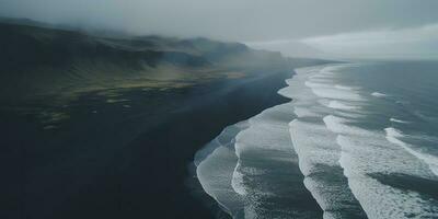 ai generato. ai generativo. Islanda aereo aria fuco Visualizza. costo spiaggia oceano onda linea. nero sabbia paesaggio. avventura natura viaggio vibrazione. grafico arte foto