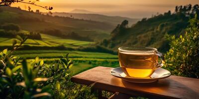 ai generato. ai generativo. tazza di verde tè con campo verde piantagione montagna sfondo scena. grafico arte foto